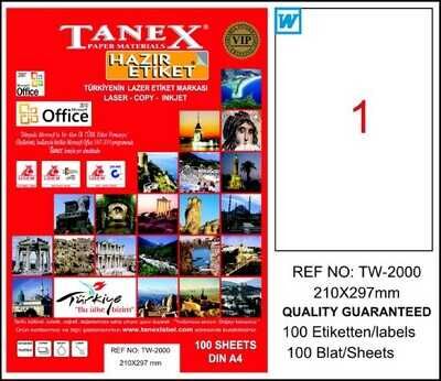 Tanex TW-2000 Beyaz Klasik Laser Etiket 210x297 mm 100 yp - 1